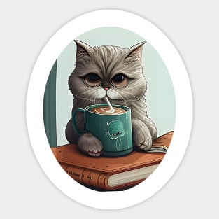 Funny Cat Drink Coffee And Reading Book Sticker